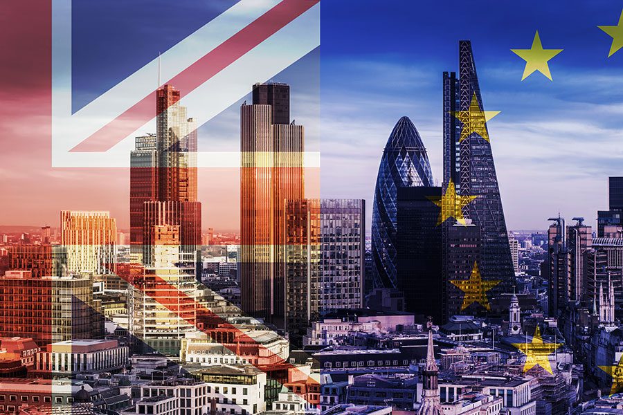 Image of London skyline with the Union Jack and European Union flag over the top