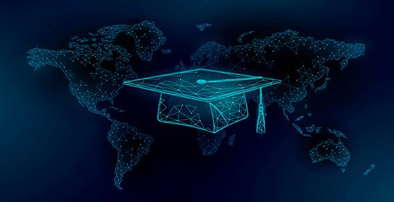 Graduatation hat in global map - depicting graduate training in banking and early careers